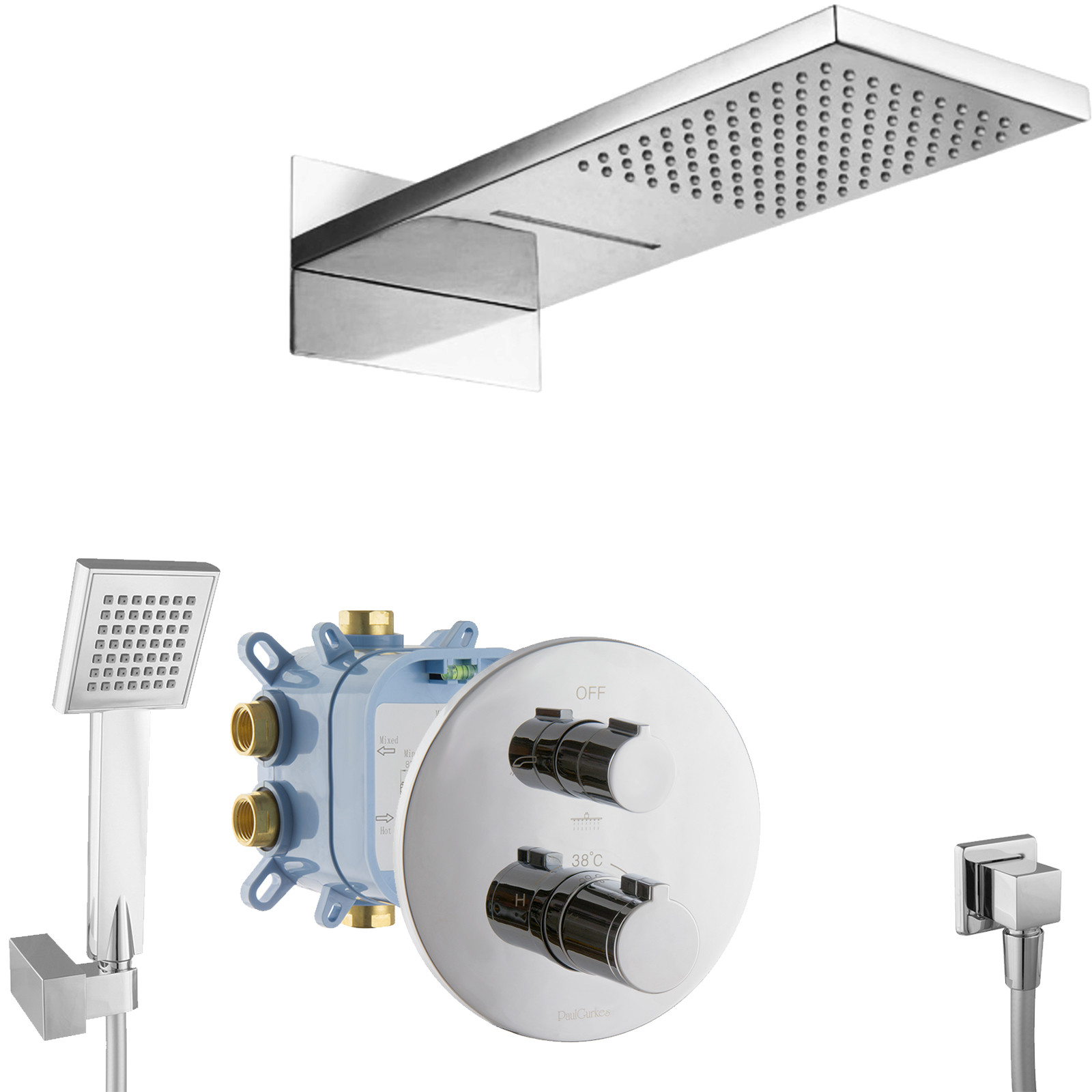 PaulGurkes Duschsystem Unterputz Wasserfall Thermostat Dusch Set Komplett Fertigmontage
