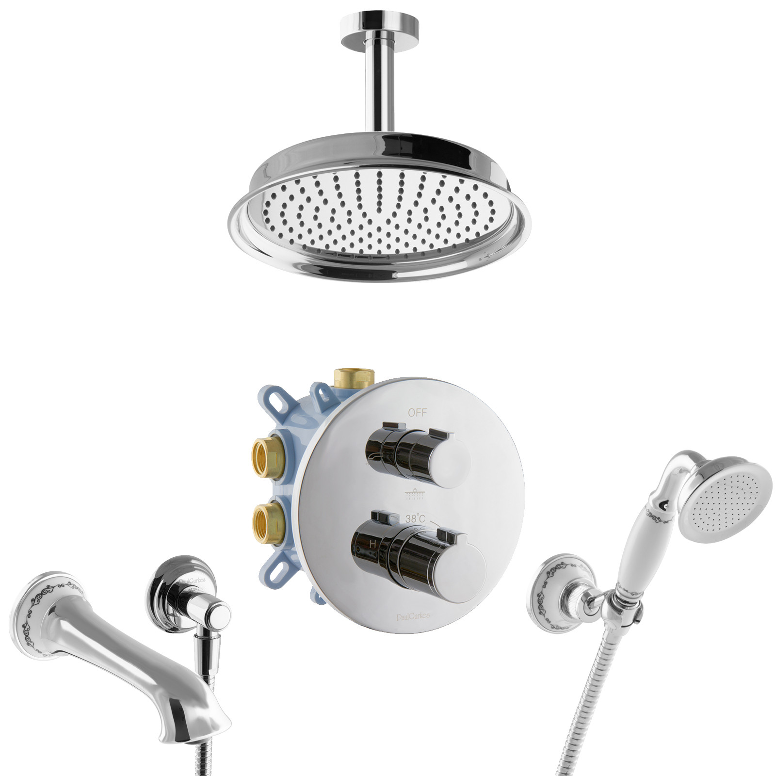 PaulGurkes 3-Wege Thermostat Duschsystem für Badewanne Nostalgie Regendusche Unterputz Set Komplett